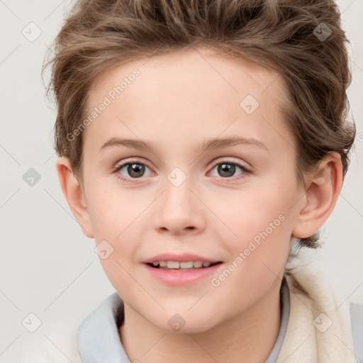 Joyful white child female with short  brown hair and brown eyes