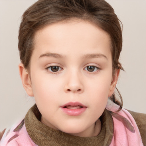 Neutral white child female with medium  brown hair and grey eyes