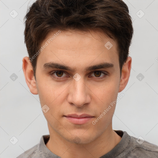 Neutral white young-adult male with short  brown hair and brown eyes