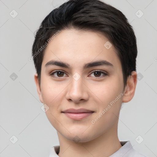 Joyful white young-adult female with short  brown hair and brown eyes