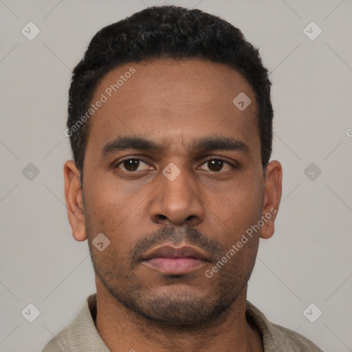 Neutral latino young-adult male with short  black hair and brown eyes