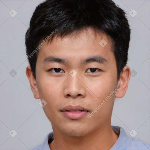 Neutral asian young-adult male with short  black hair and brown eyes