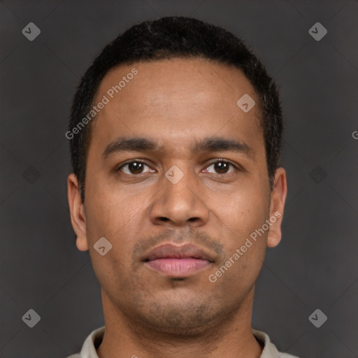 Neutral latino young-adult male with short  brown hair and brown eyes