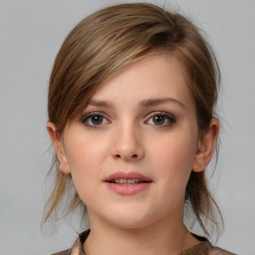 Neutral white young-adult female with medium  brown hair and brown eyes