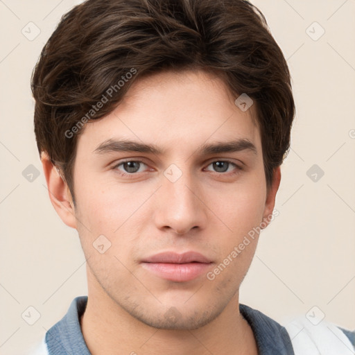 Neutral white young-adult male with short  brown hair and brown eyes