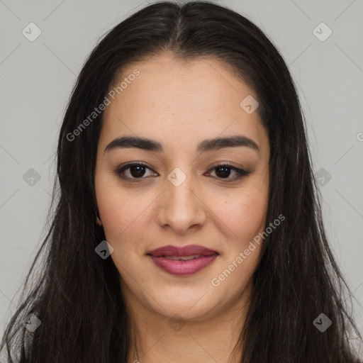 Joyful asian young-adult female with long  brown hair and brown eyes