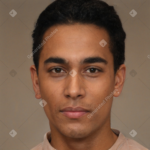 Neutral latino young-adult male with short  black hair and brown eyes