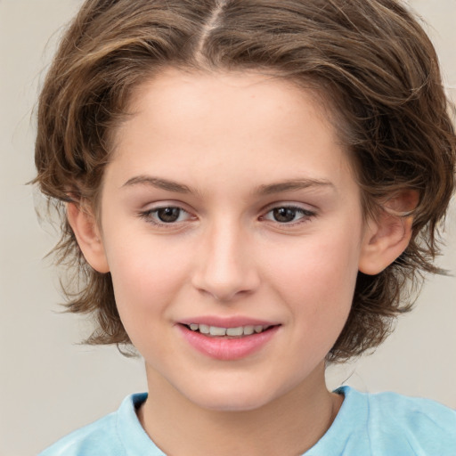 Joyful white child female with medium  brown hair and brown eyes