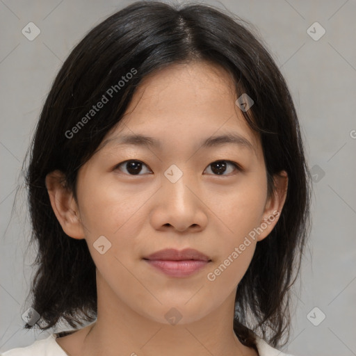 Neutral asian young-adult female with medium  brown hair and brown eyes