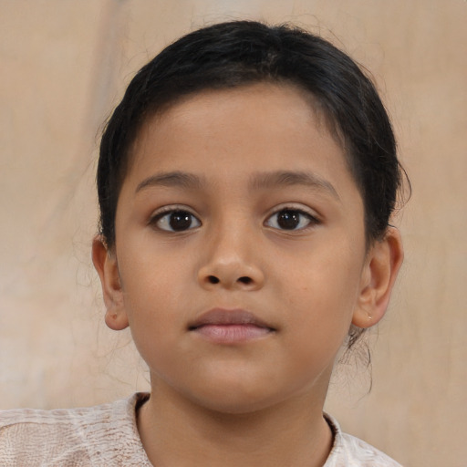 Neutral latino child female with short  brown hair and brown eyes