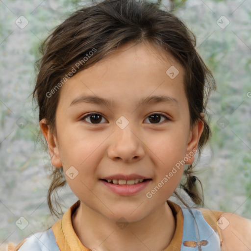 Joyful white child female with medium  brown hair and brown eyes