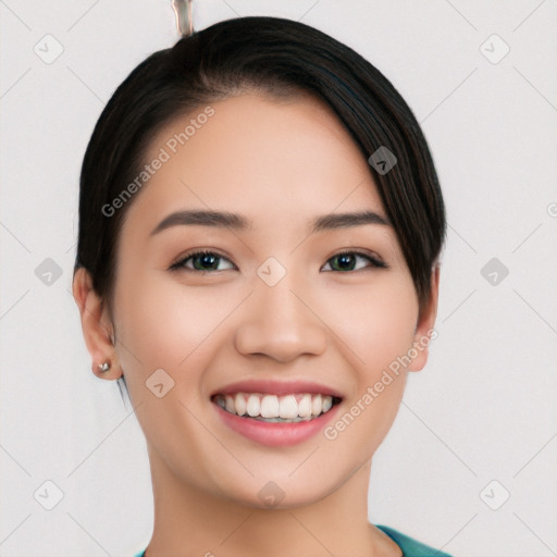 Joyful white young-adult female with short  black hair and brown eyes