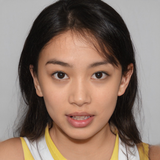 Neutral asian young-adult female with medium  brown hair and brown eyes