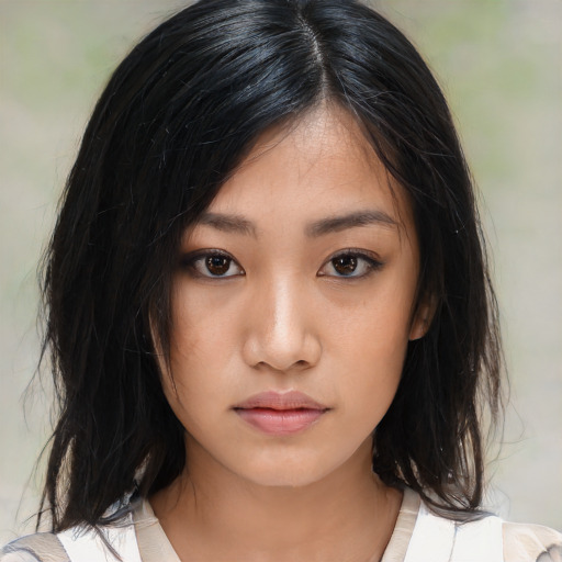 Neutral asian young-adult female with medium  black hair and brown eyes