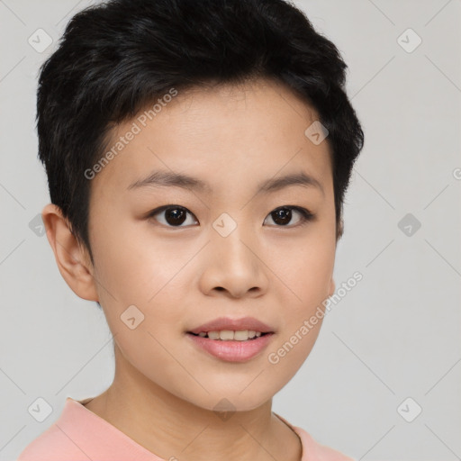 Joyful asian young-adult female with short  black hair and brown eyes