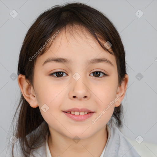 Joyful white child female with medium  brown hair and brown eyes