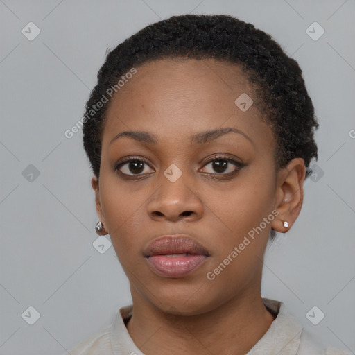 Neutral black young-adult female with short  black hair and brown eyes