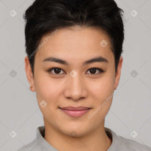 Joyful asian young-adult female with short  brown hair and brown eyes