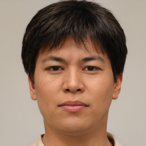 Neutral asian young-adult female with short  brown hair and brown eyes