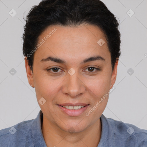 Joyful white young-adult female with short  brown hair and brown eyes