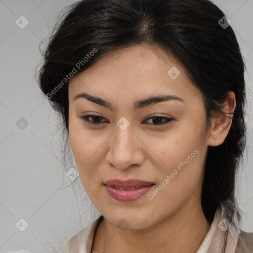 Joyful latino young-adult female with medium  brown hair and brown eyes