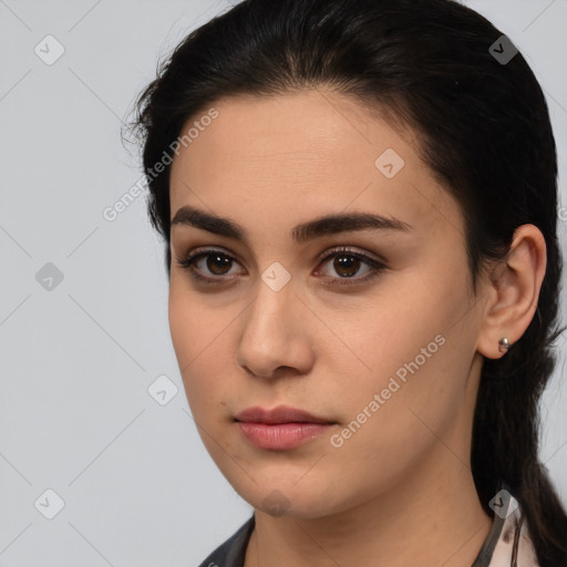 Neutral white young-adult female with medium  brown hair and brown eyes