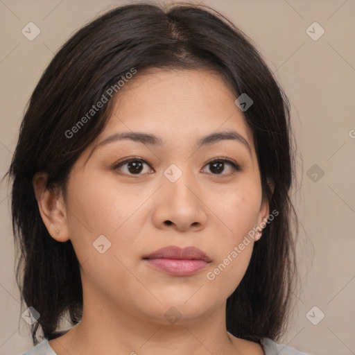 Neutral asian young-adult female with medium  brown hair and brown eyes