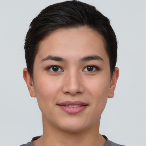 Joyful asian young-adult female with short  brown hair and brown eyes