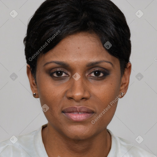 Joyful latino young-adult female with short  black hair and brown eyes