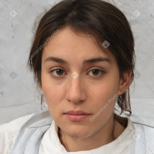 Neutral white young-adult female with medium  brown hair and brown eyes