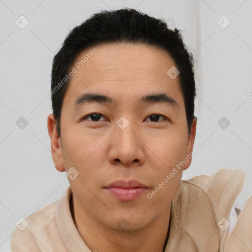 Neutral asian young-adult male with short  brown hair and brown eyes
