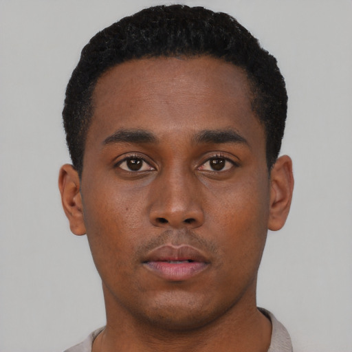 Neutral black young-adult male with short  brown hair and brown eyes