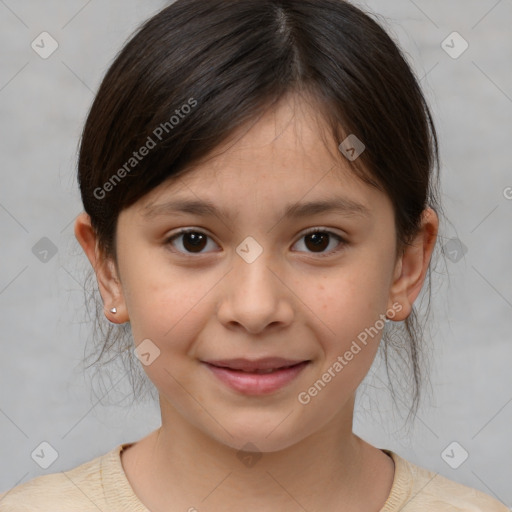 Joyful white child female with medium  brown hair and brown eyes