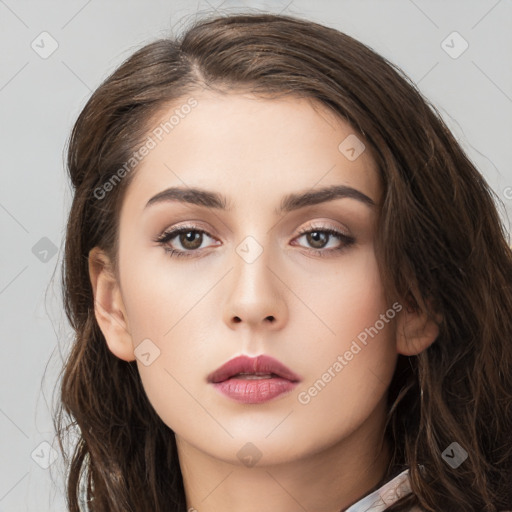 Neutral white young-adult female with long  brown hair and brown eyes