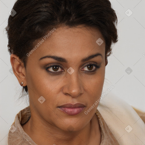 Joyful latino young-adult female with short  brown hair and brown eyes