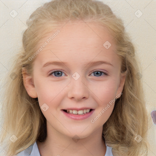 Joyful white child female with medium  brown hair and blue eyes