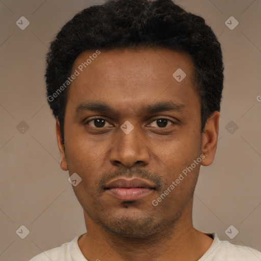 Neutral latino young-adult male with short  black hair and brown eyes