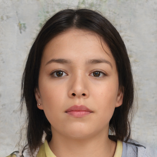 Neutral asian young-adult female with medium  brown hair and brown eyes