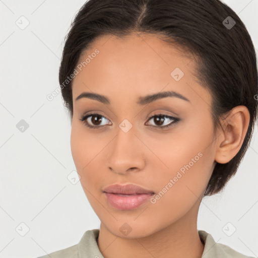 Neutral white young-adult female with medium  brown hair and brown eyes