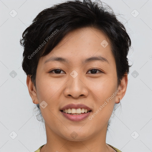 Joyful asian young-adult female with short  brown hair and brown eyes