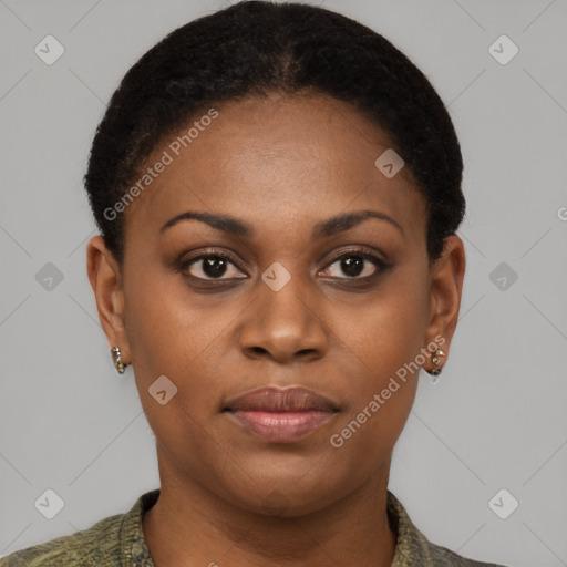 Joyful black young-adult female with short  brown hair and brown eyes