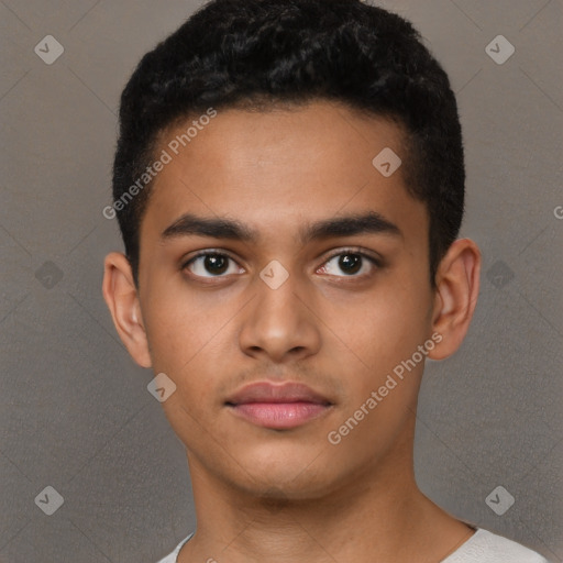 Neutral latino young-adult male with short  black hair and brown eyes