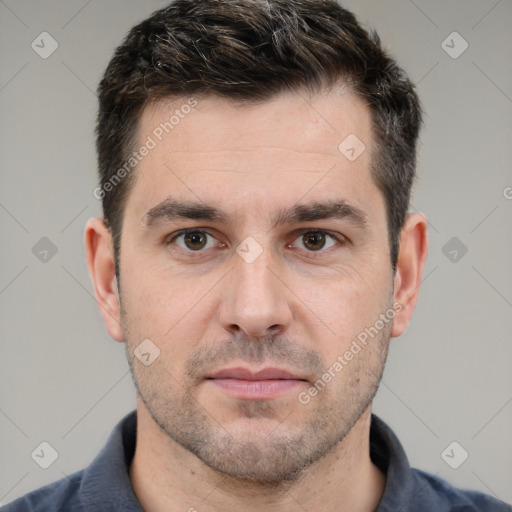 Neutral white young-adult male with short  brown hair and brown eyes