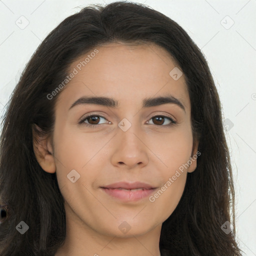 Joyful latino young-adult female with long  brown hair and brown eyes