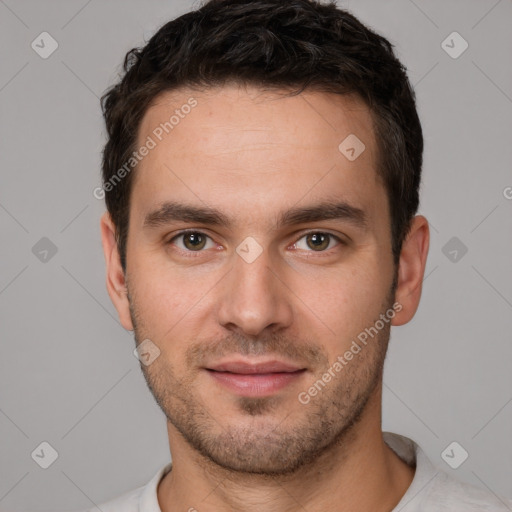 Neutral white young-adult male with short  brown hair and brown eyes