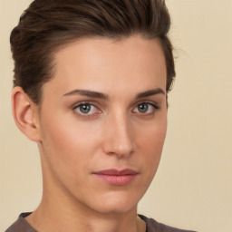 Neutral white young-adult female with short  brown hair and brown eyes