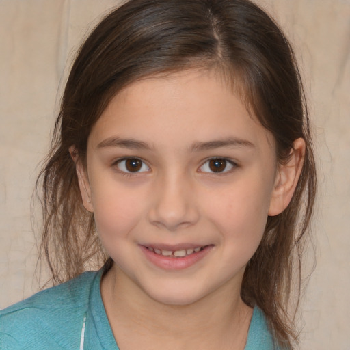 Joyful white child female with medium  brown hair and brown eyes