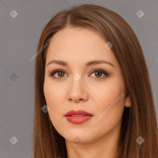 Neutral white young-adult female with long  brown hair and brown eyes