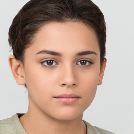 Neutral white young-adult female with short  brown hair and brown eyes