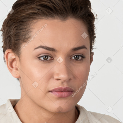 Neutral white young-adult female with short  brown hair and brown eyes